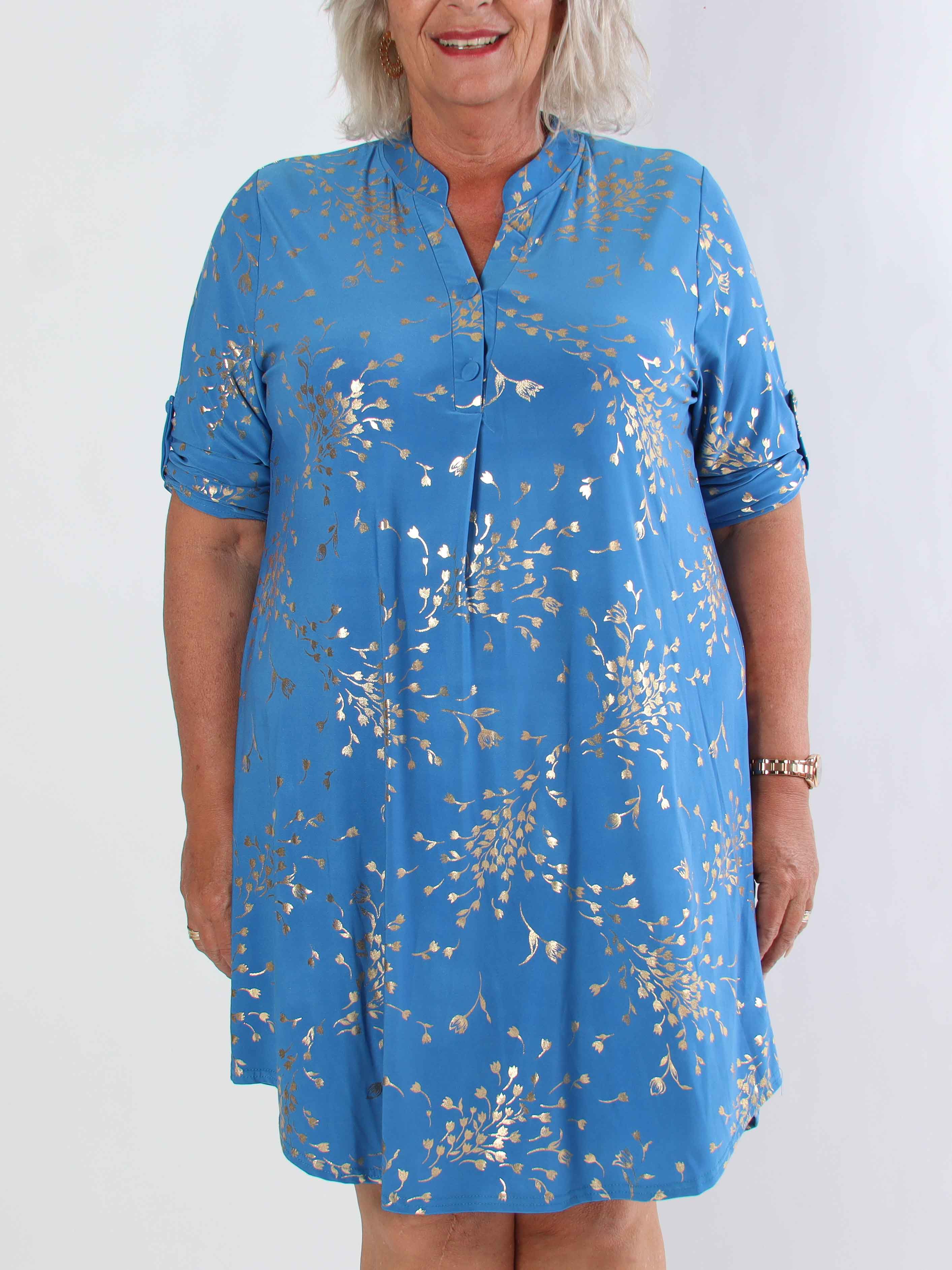 Ebba Gold Leaf Long - Elastisk enfärgad plus size klänning med guld blommigt mönster